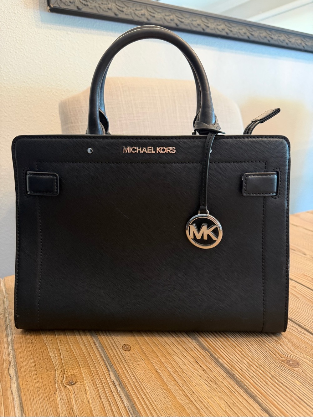 Michael Kors Black Leather Top-Handle Satchel with Silver Hardware